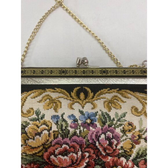 Vintage Tapestry Kiss lock Black Rose Floral Purse with Gold Chain Link - Picture 5 of 6